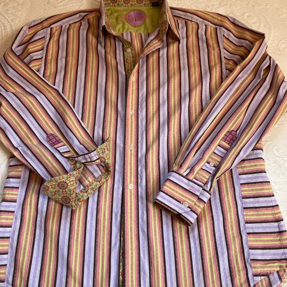 Robert Graham Mens Sz XL Striped Long Sleeve Shirt Contrast Cuffs Multicolor - Picture 5 of 15
